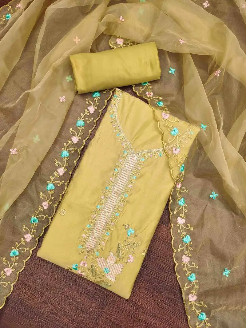 Yellow roman cotton silk embroidered unstitched dress material