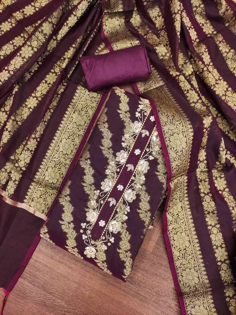 Wine banarasi handwork unstitched dress material