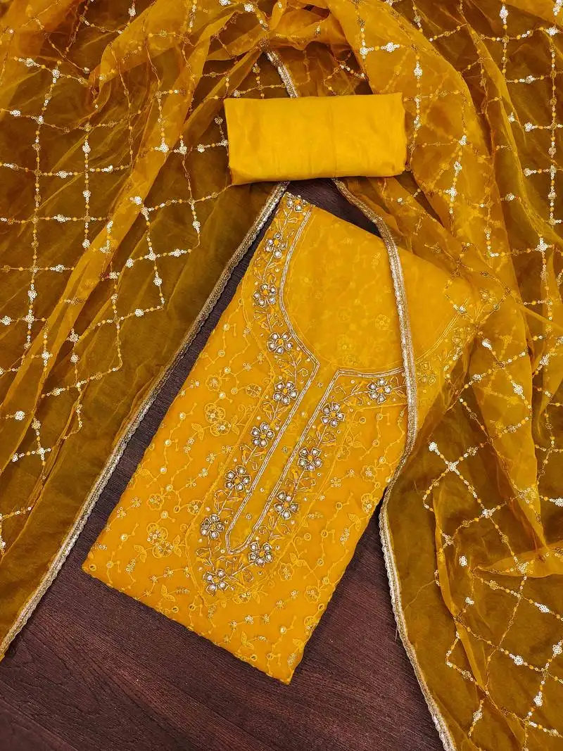 Yellow viscose organza hand work unstitched dress material