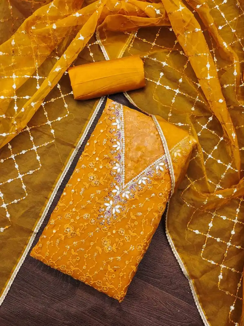 Yellow viscose organza handwork unstitched dress material