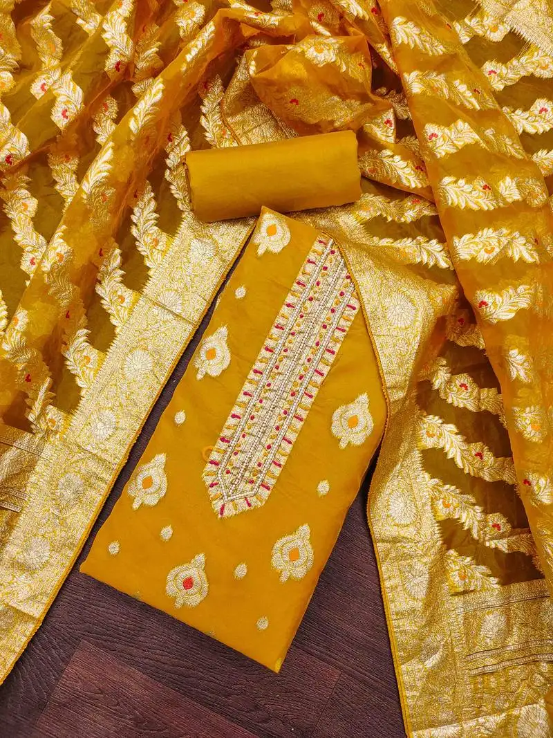 Yellow organza handwork unstitched dress material