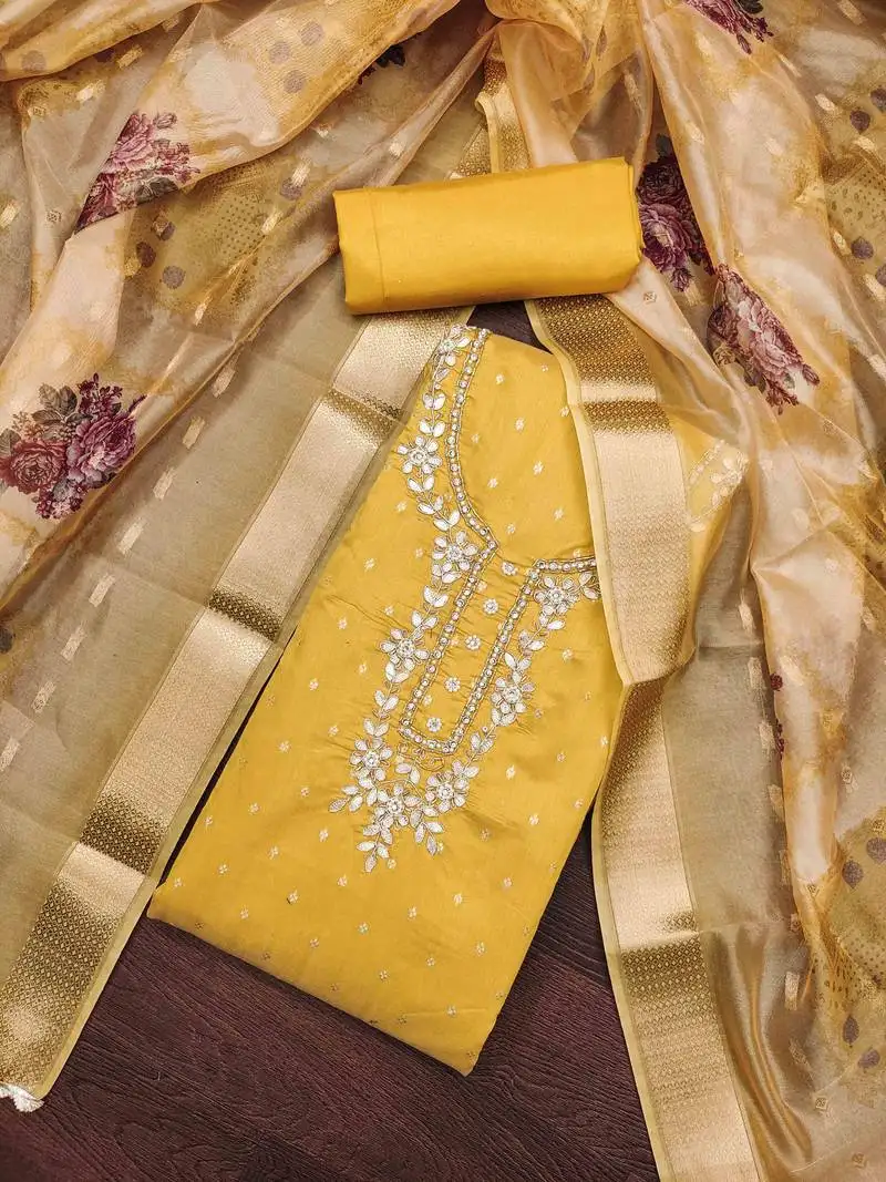 Yellow modal handwork unstitched dress material