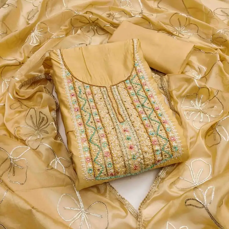Yellow roman hand work unstitched dress material