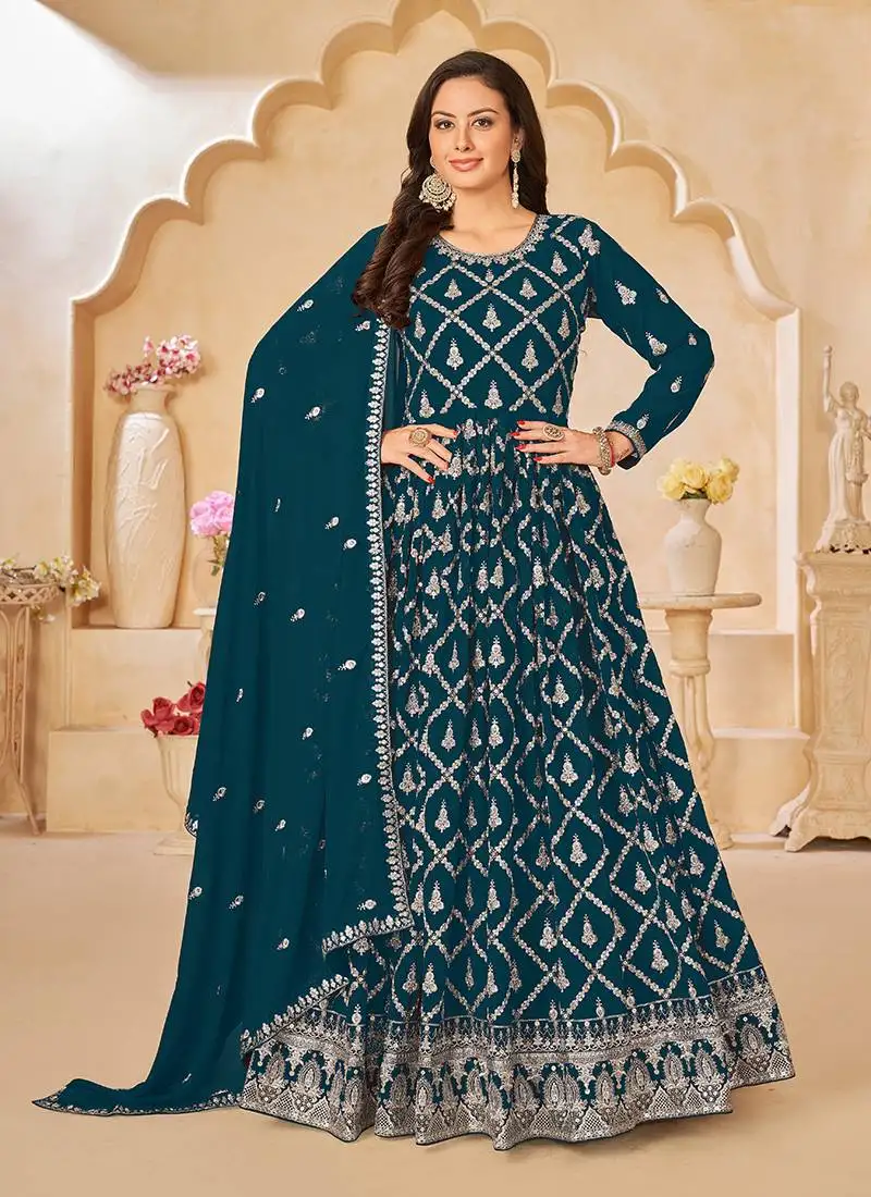Aqua blue embroidery faux georgette anarkali suit semi stitched