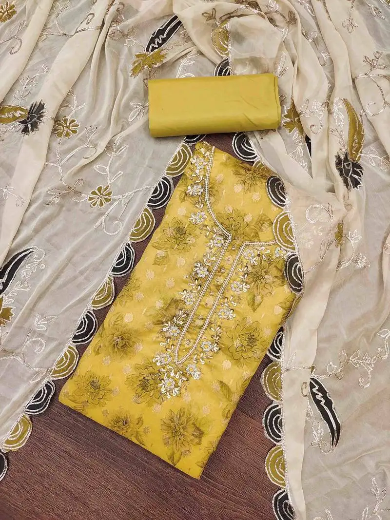 Yellow viscose banarasi handwork unstitched dress material