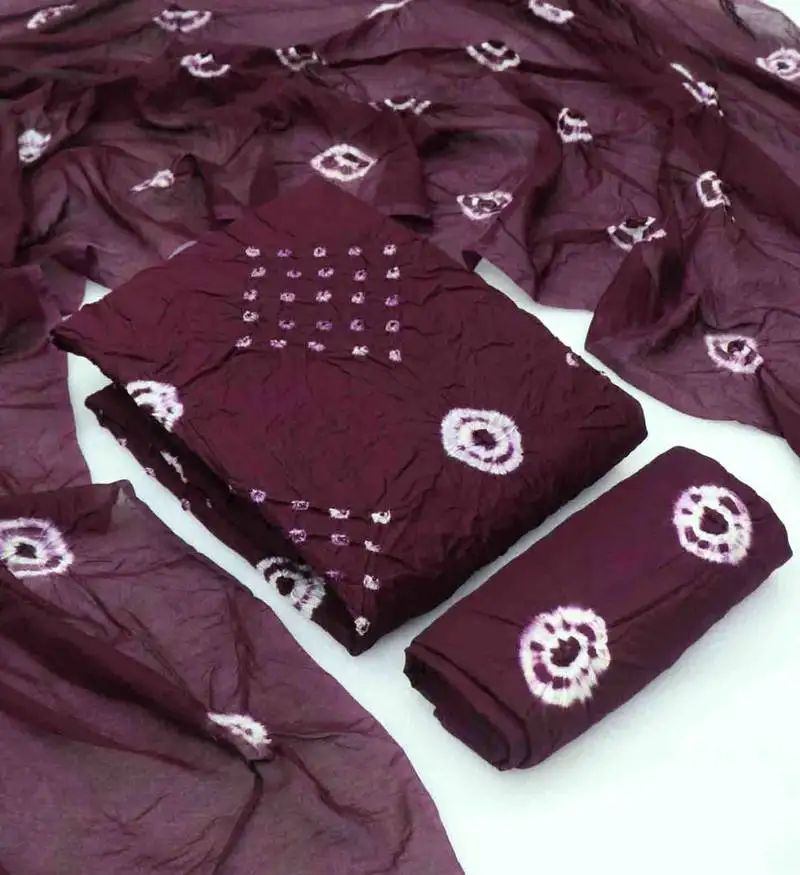 Wine chanderi cotton bandhni unstitched dress material