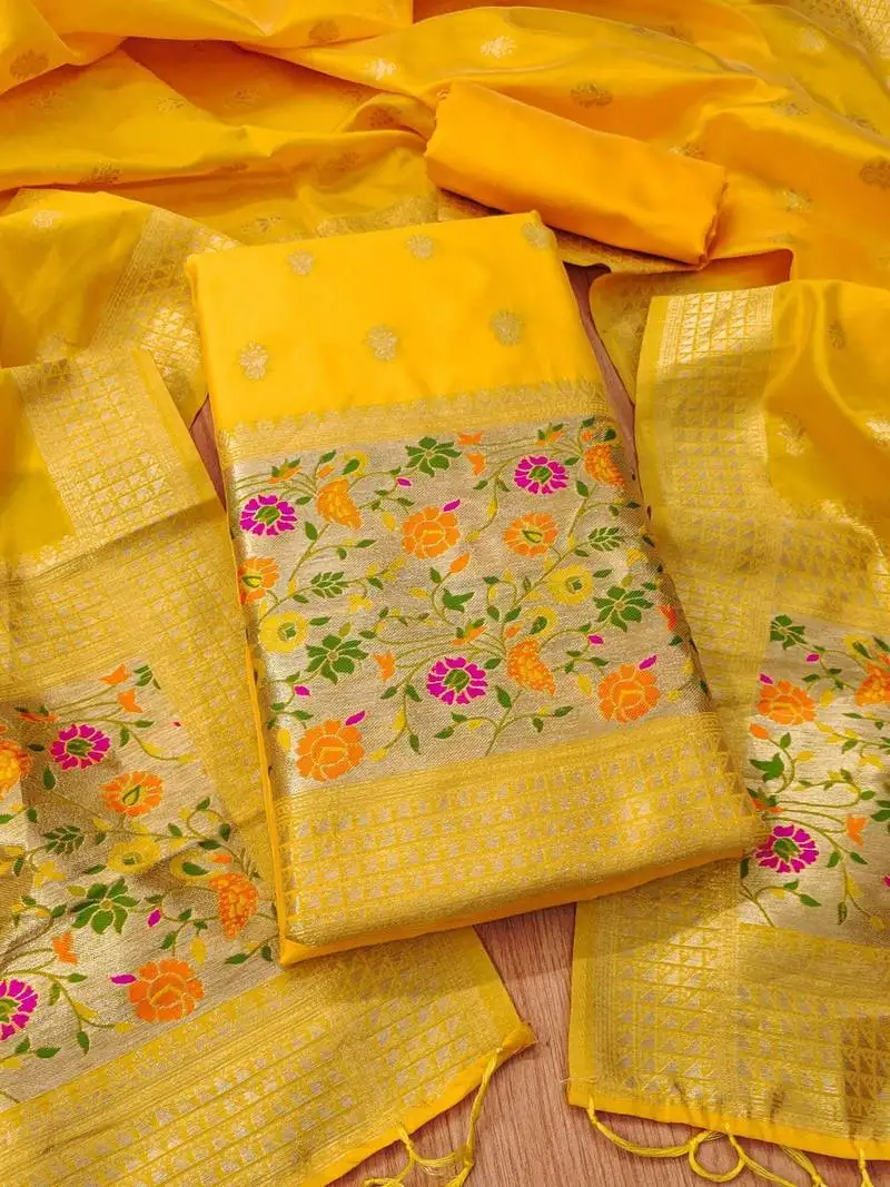 Yellow zari soft banarasi silk 3pc dress material unstitched
