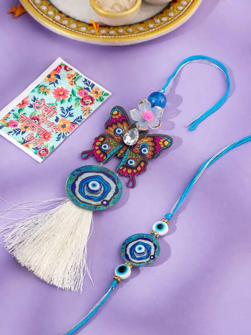 Blue evil eye artificial beads set of 2 bhaiya bhabhi rakhi with roli chawal chandan & mishri