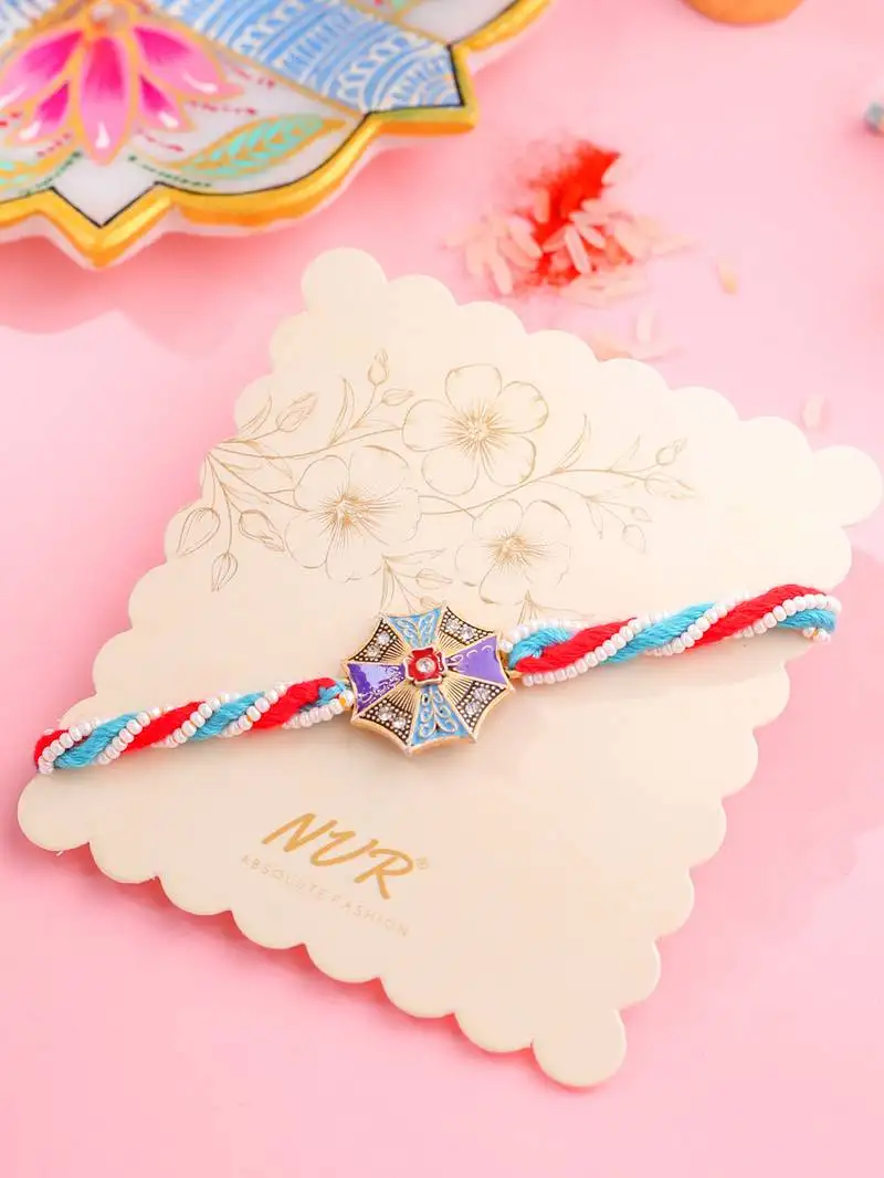 Men floral design multicolor artificial stones & pearls thread rakhi with roli chawal chandan & mishri