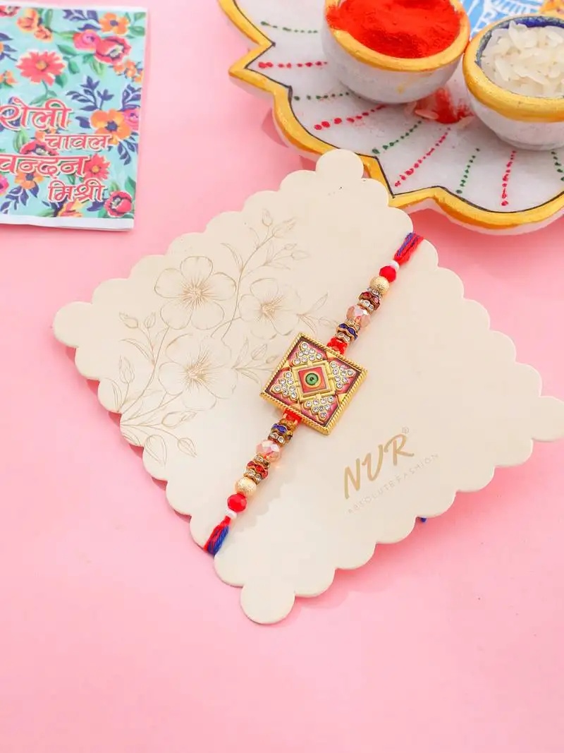 Men multicolor artificial stones thread rakhi with roli chawal chandan & mishri