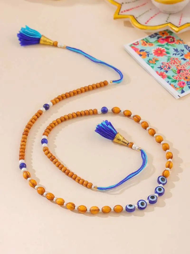 Men evil eye multicolor thread rakhi with roli chawal chandan & mishri