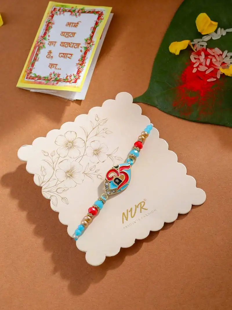 Men red & blue artificial stones and beads om thread rakhi with roli chawal chandan & mishri