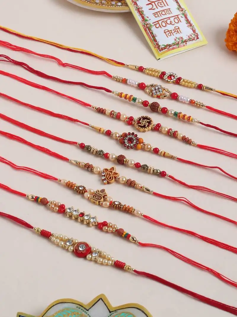 Men set of 10 red artificial stones and beads rudraksh thread rakhi with roli chawal chandan & mishri