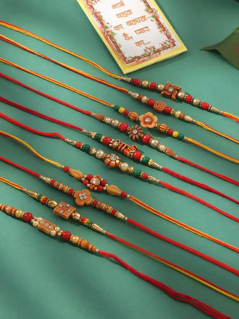 Men set of 10 floral design red artificial stones and beads thread rakhi with roli chawal chandan & mishri