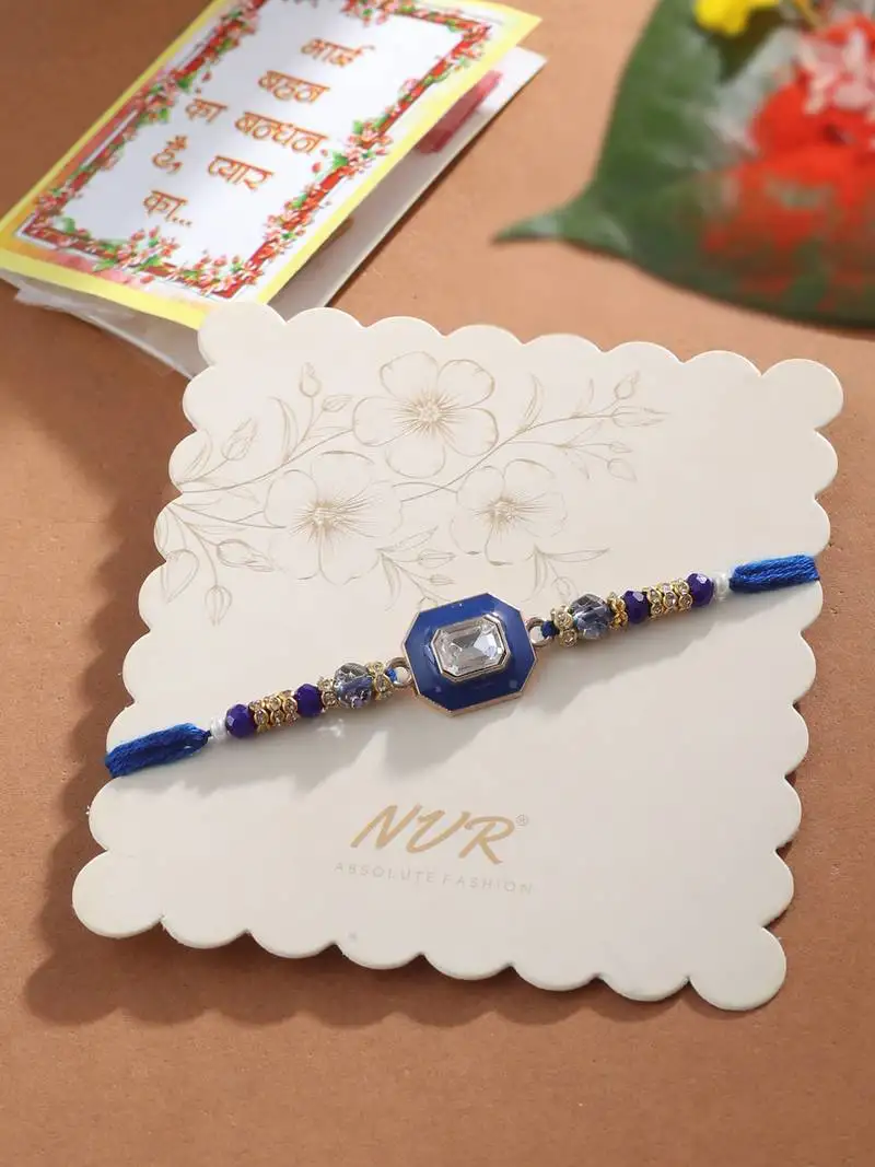 Men blue artificial stones handmade thread rakhi with roli chawal chandan & mishri