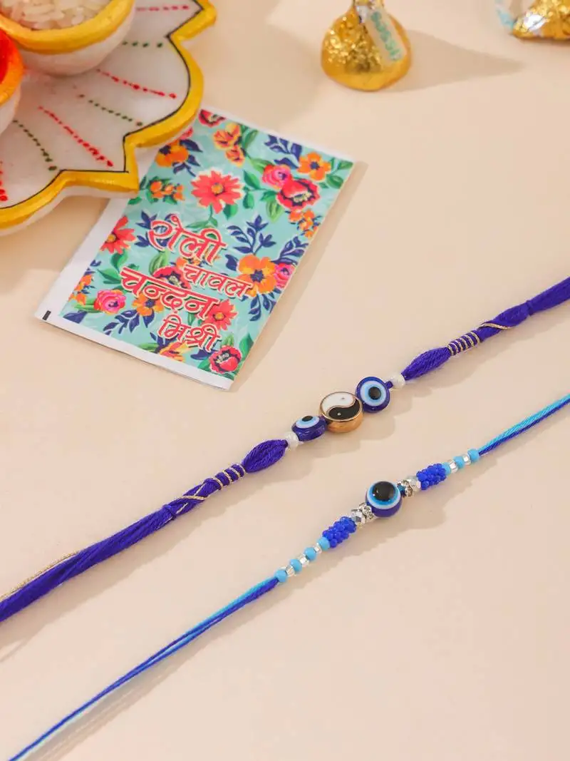 Men set of 2 blue evil eye artificial beads thread rakhi with roli chawal chandan & mishri