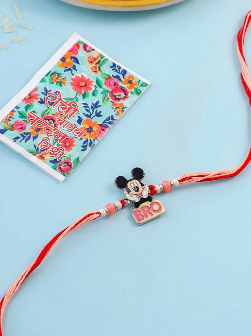 Kids micky mouse character artificial beads thread rakhi with roli chawal chandan & mishri