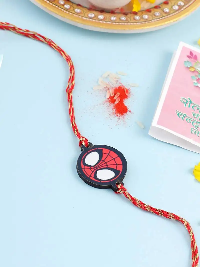 Kids superhero red thread rakhi with roli chawal chandan & mishri