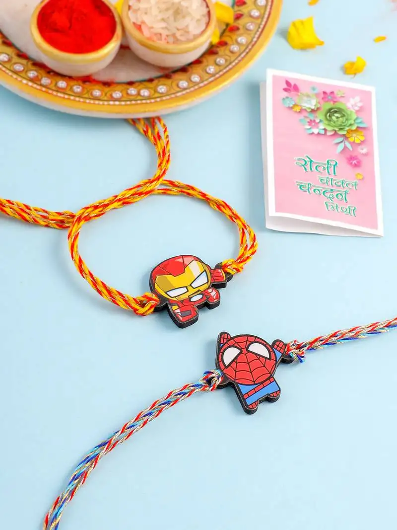 Kids set of 2 cute cartoon superhero thread rakhi with roli chawal chandan & mishri