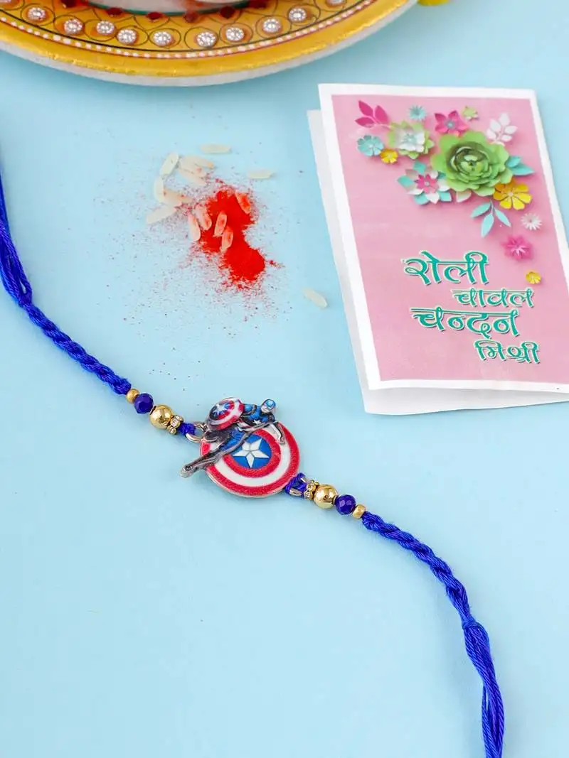 Kids superhero blue artificial beads thread rakhi with roli chawal chandan & mishri