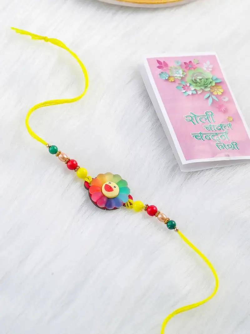 Kids multicolor artificial beads rakhi with roli chawal chandan & mishri