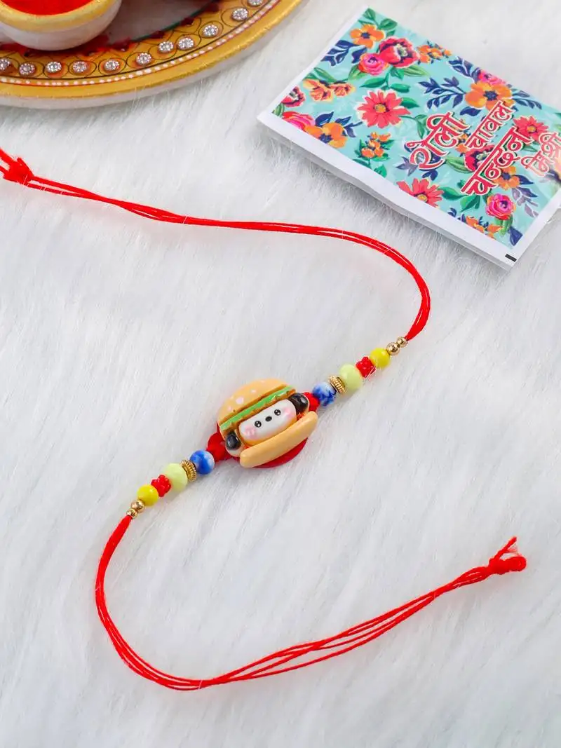 Kids cartoon character multicolor artificial beads rakhi with roli chawal chandan & mishri