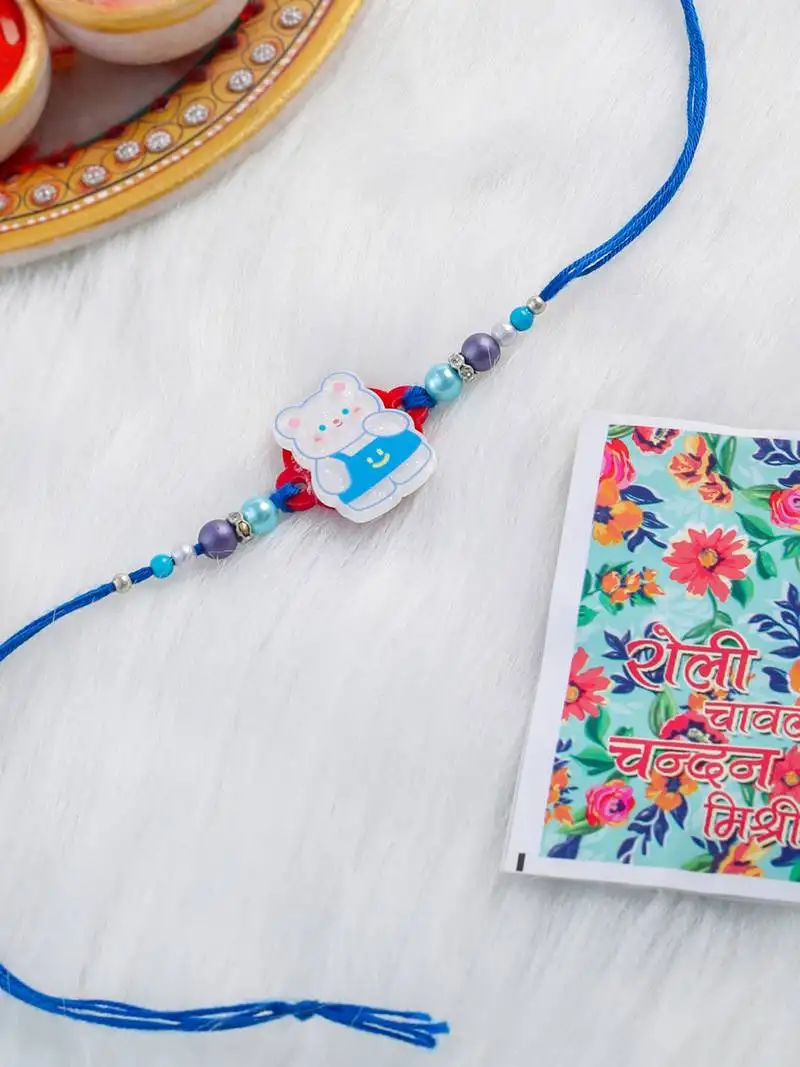 Kids teddy blue artificial beads thread rakhi with roli chawal chandan & mishri