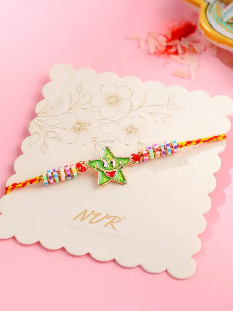 Kids star shape multicolor thread rakhi with roli chawal chandan & mishri