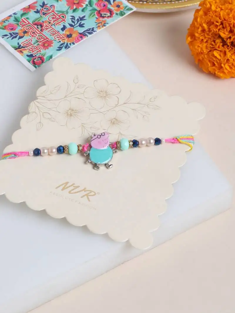 Kids cartoon character artificial beads rakhi with roli chawal chandan & mishri