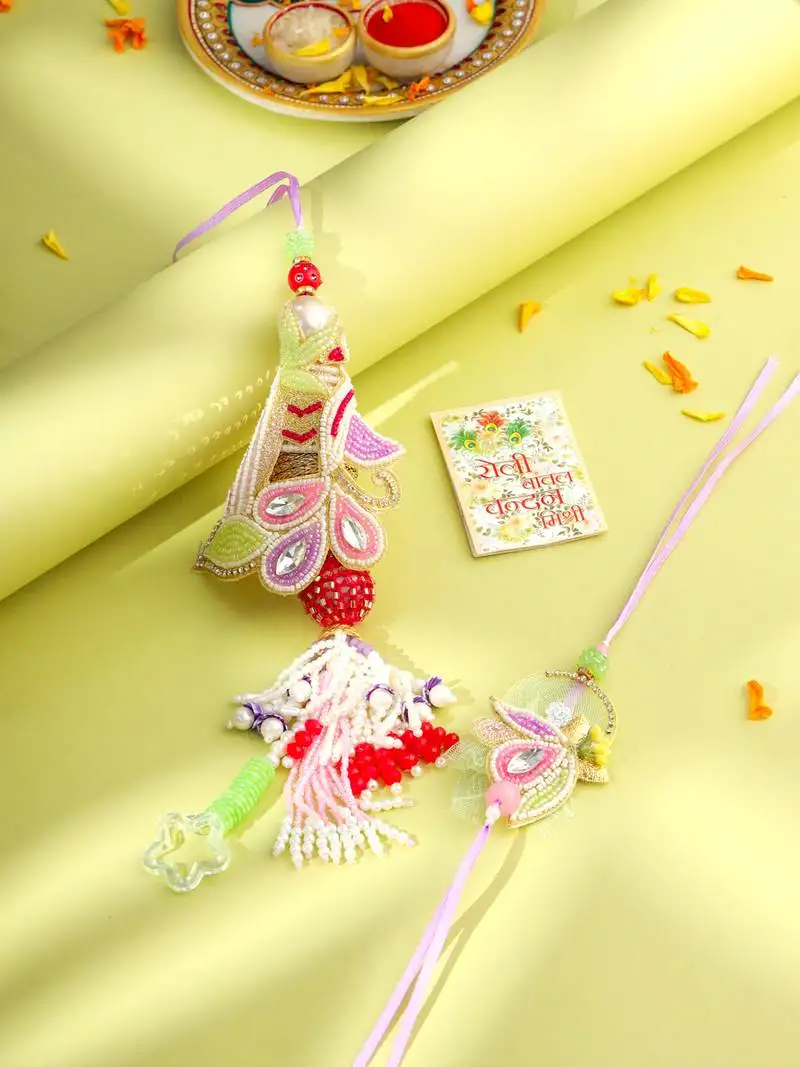 Handcrafted set of 2 multicolor pearls bhaiya bhabhi rakhi with roli chawal chandan & mishri