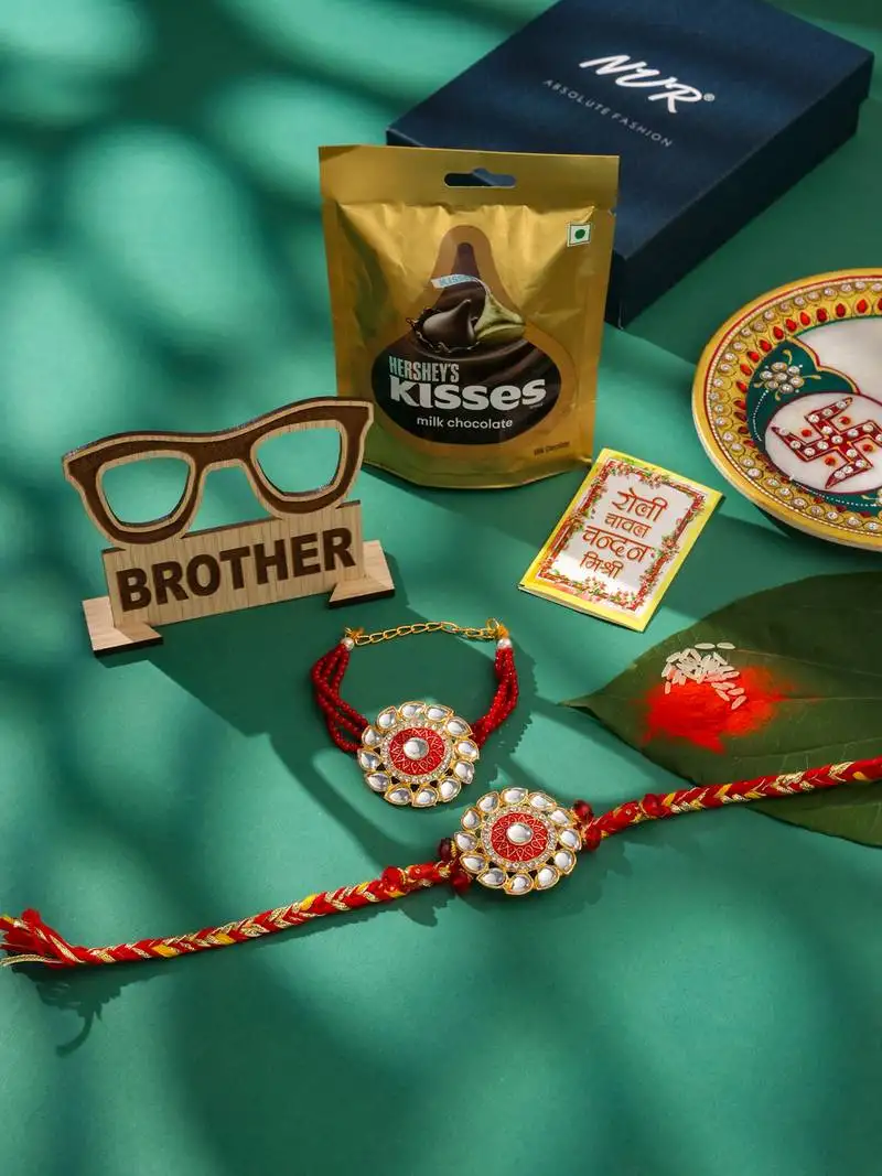 Set of 2 handmade red kundan studded floral design bhaiya bhabhi rakhi combo