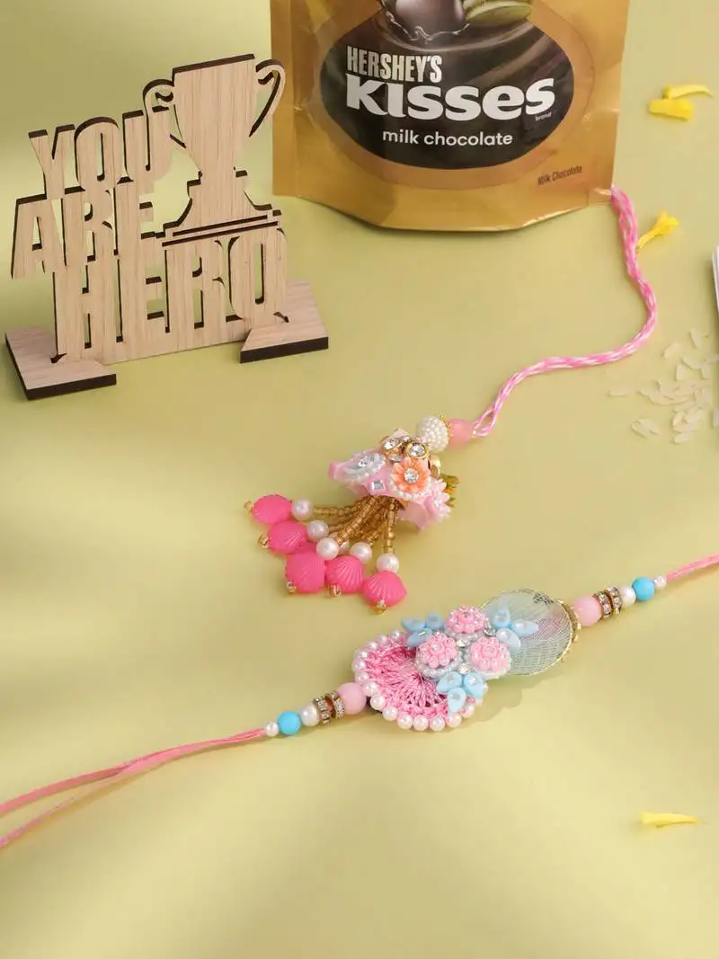 Set of 2 multicolor handcrafted artificial stones & pearls bhaiya bhabhi rakhi combo