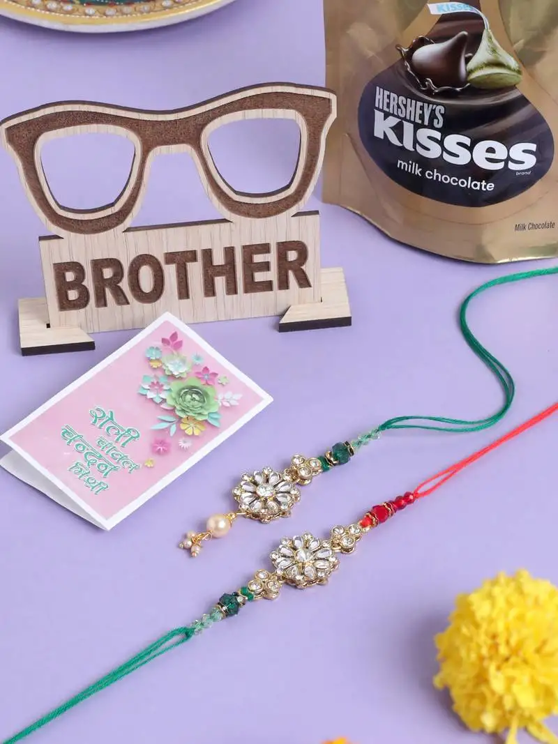 Set of 2 gold toned kundan studded floral design bhaiya bhabhi rakhi combo