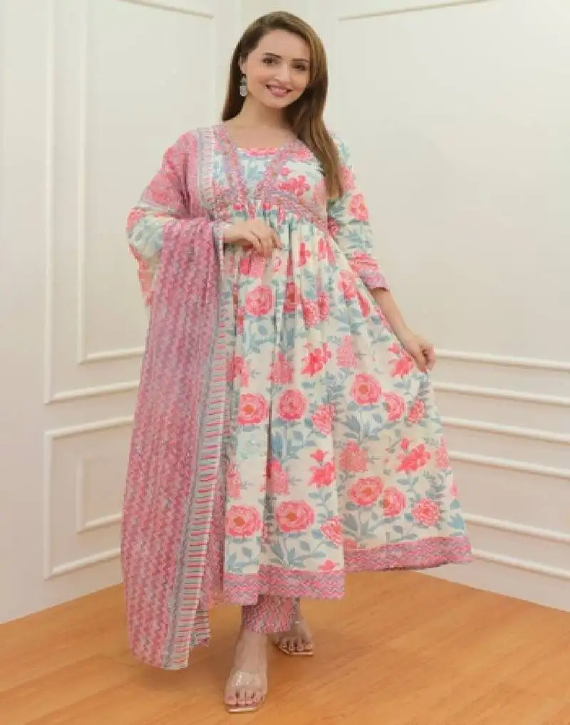 Women pink cotton kurti with pant and dupatta for women